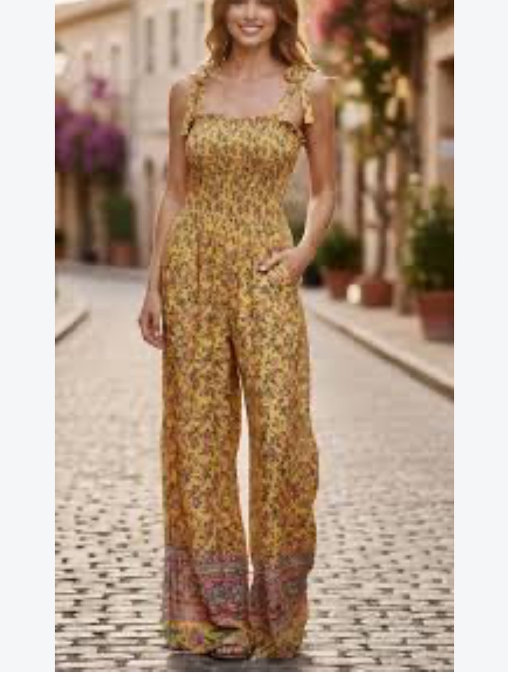 Umgee NWT Smocked Floral Wide-Leg Jumpsuit in Mustard size S